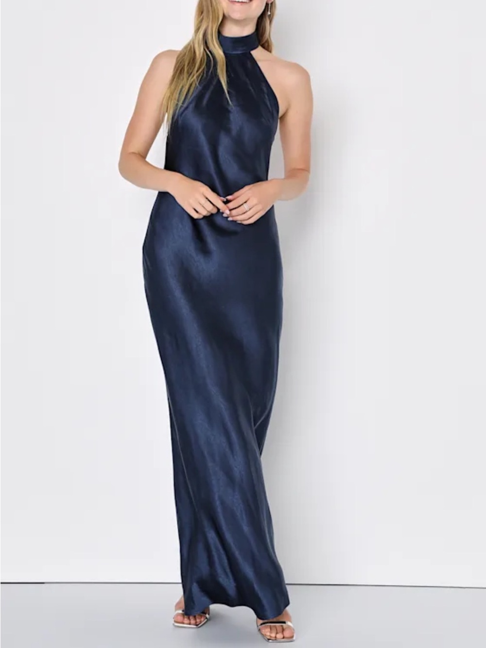 Lulu's Midnight Navy Satin Halter Maxi Dress